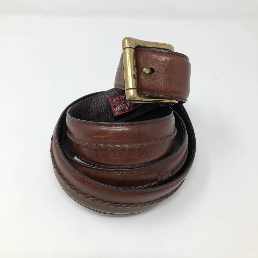 Woolrich Mens Brown Leather Belt 42 Italian Leather Woven Center Strip